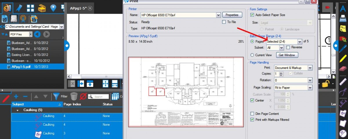 How to only Print pages with Markups in Bluebeam