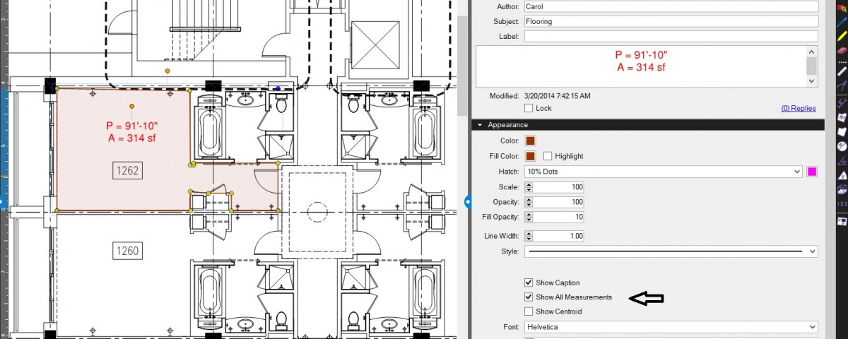 How to make area and perimeter measurements display in Bluebeam Revu