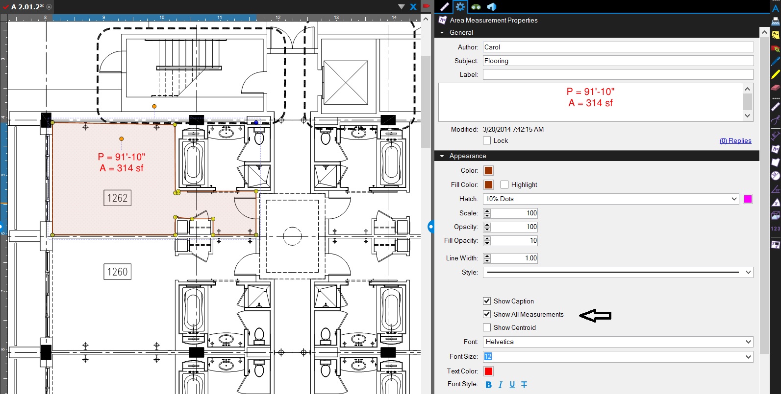 How to make area and perimeter measurements display in Bluebeam Revu