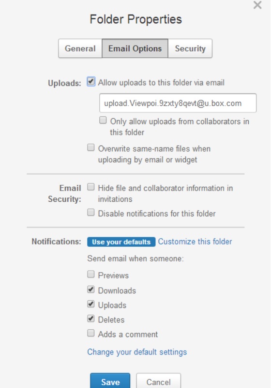 Check the allow uploads to this folder via email