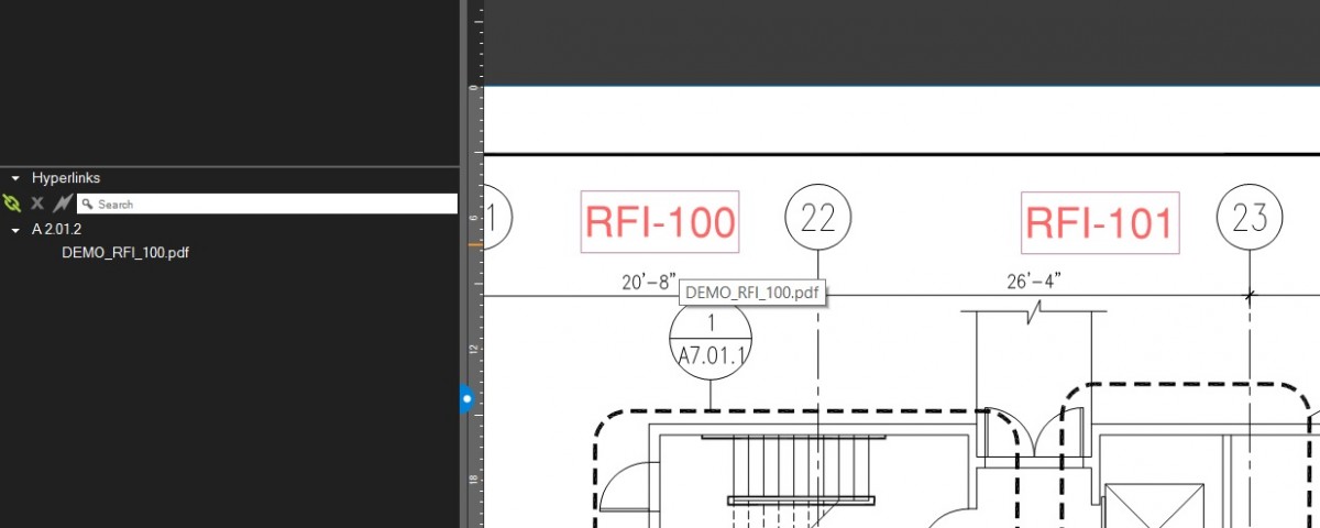 Hyperlinked RFI on a plan in Bluebeam Revu