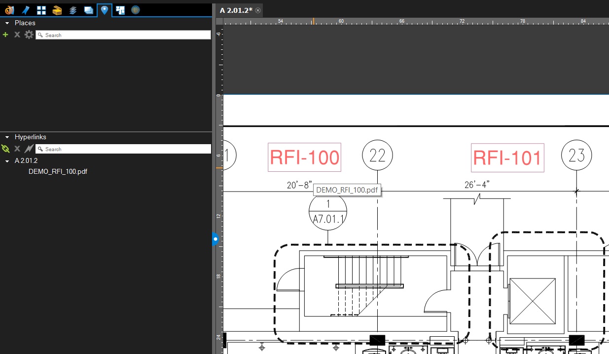 Hyperlinked RFI on a plan in Bluebeam Revu