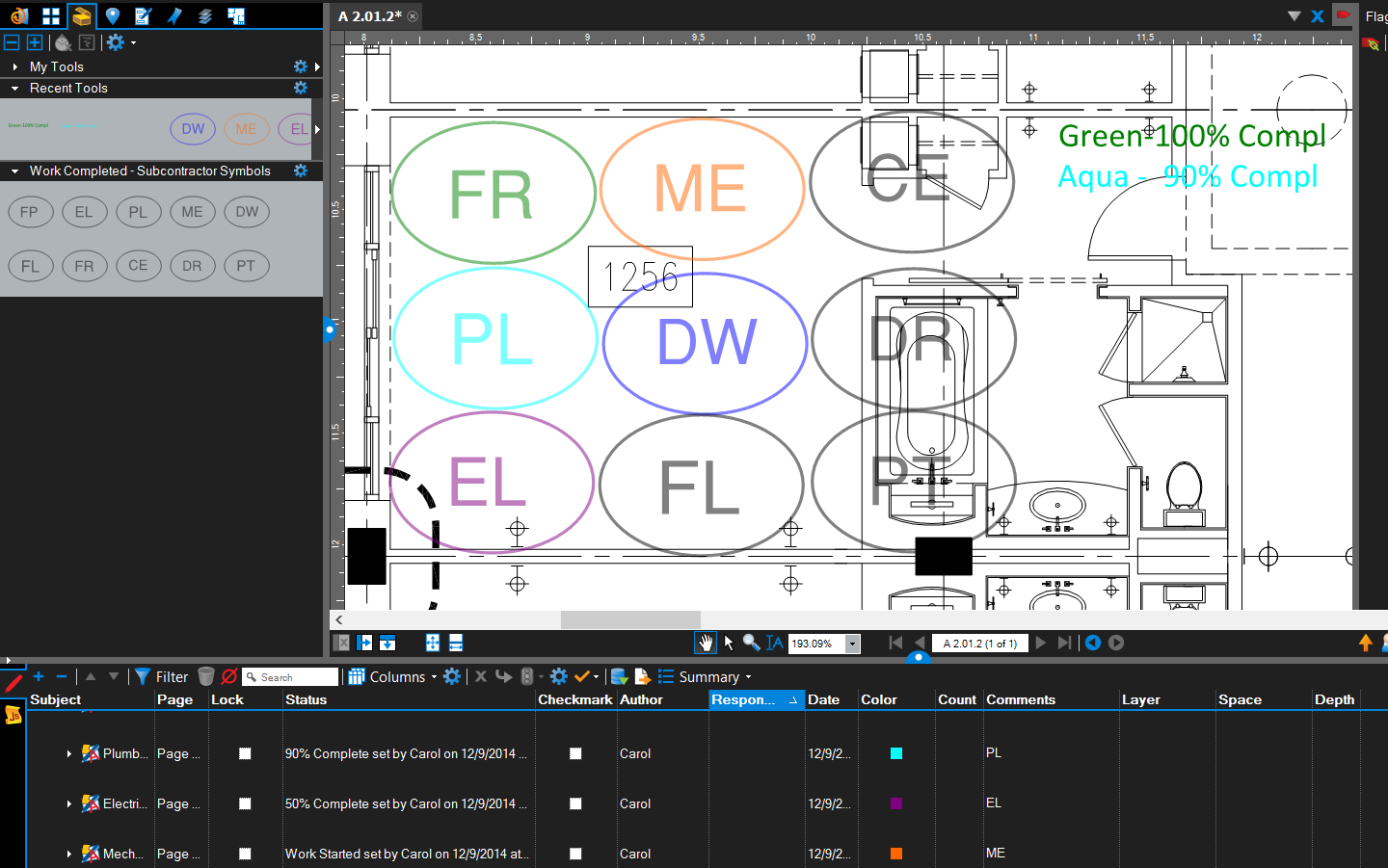 Bluebeam Revu provides owners visual of work completed Status by work area or room on the project