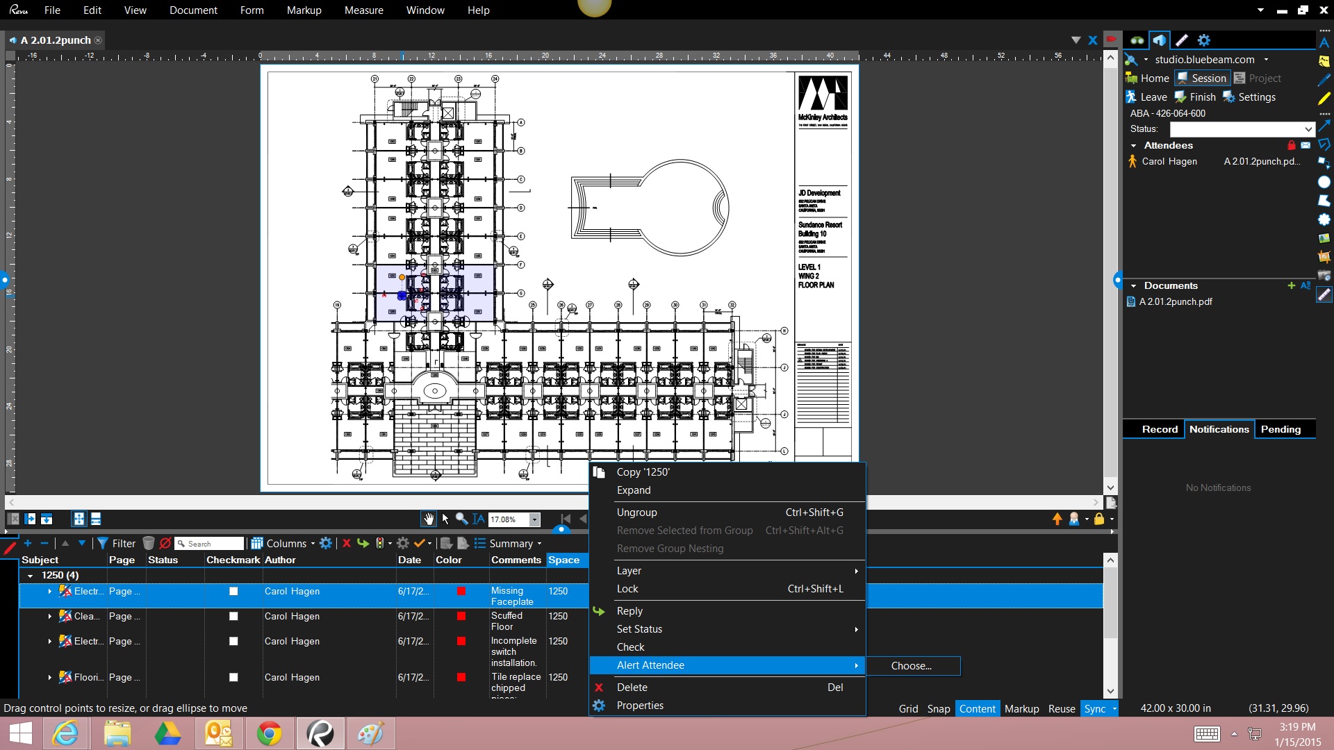 How to alert a construction team member of a Markup change in Bluebeam Studio