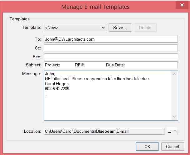 Bluebeam RFI email template between You and the Architect