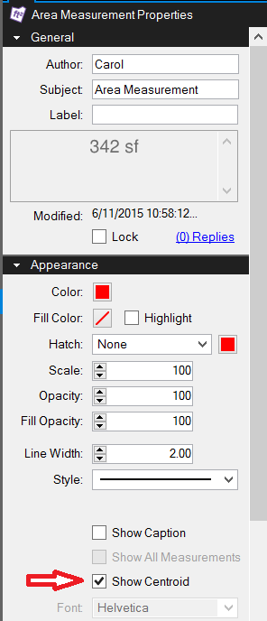 Centroid option in the Sketch or area measurement properties