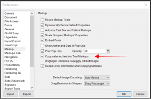 Bluebeam Setting to copy highlighted text to Markups