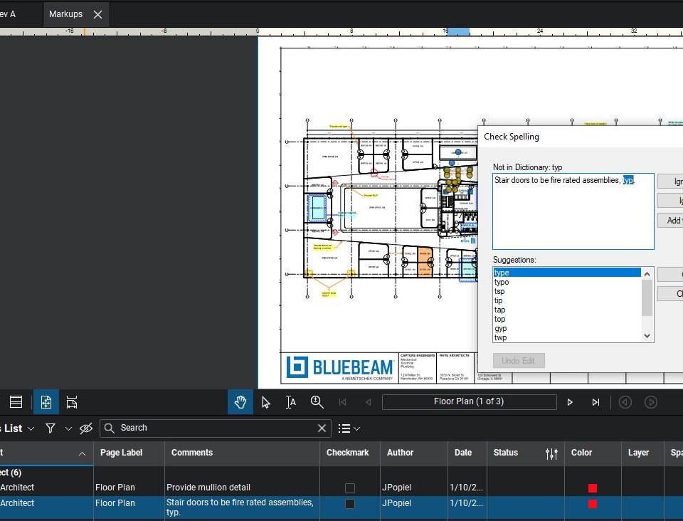 Bluebeam Spell Check Dialogue box